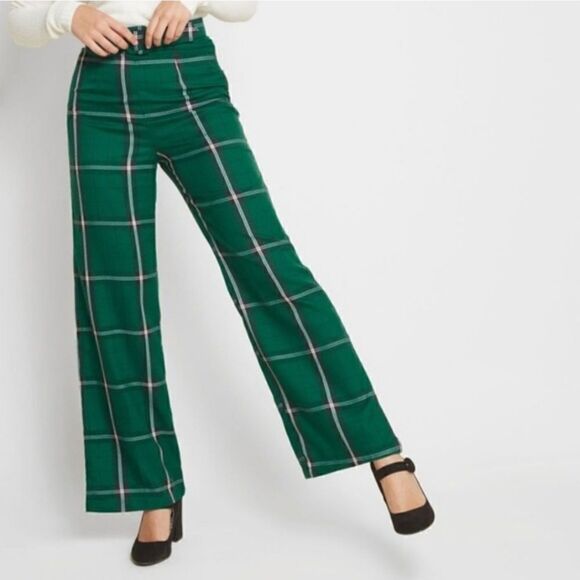 Collectif x Modcloth Wide Leg Green Plaid Pants with Belt Size XS - Picture 1 of 15